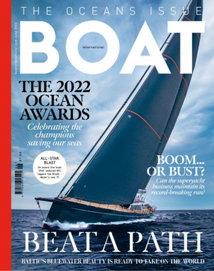 Boat International magazine featuring Njord by Bergman interior design onboard Superyacht Galaxy 